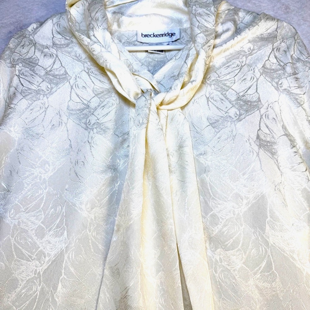 Breckenridge Horse Print Tie Neck Blouse Womens Size 12 Ivory Satin Jacquard Equ - Picture 2 of 9